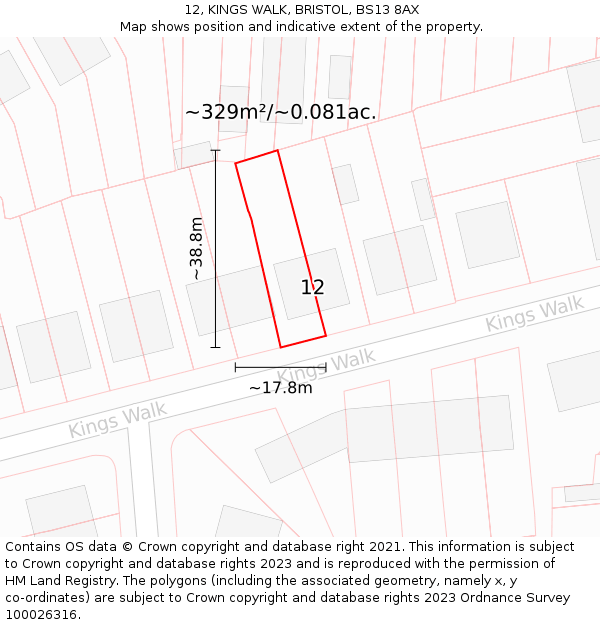 12, KINGS WALK, BRISTOL, BS13 8AX: Plot and title map
