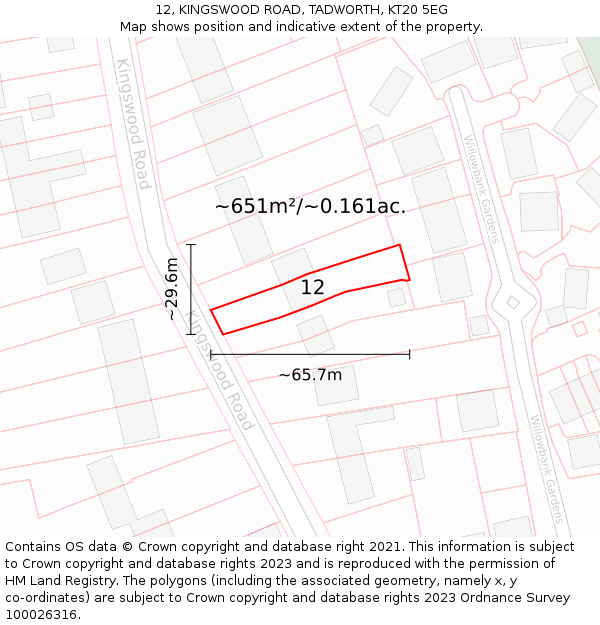 12, KINGSWOOD ROAD, TADWORTH, KT20 5EG: Plot and title map
