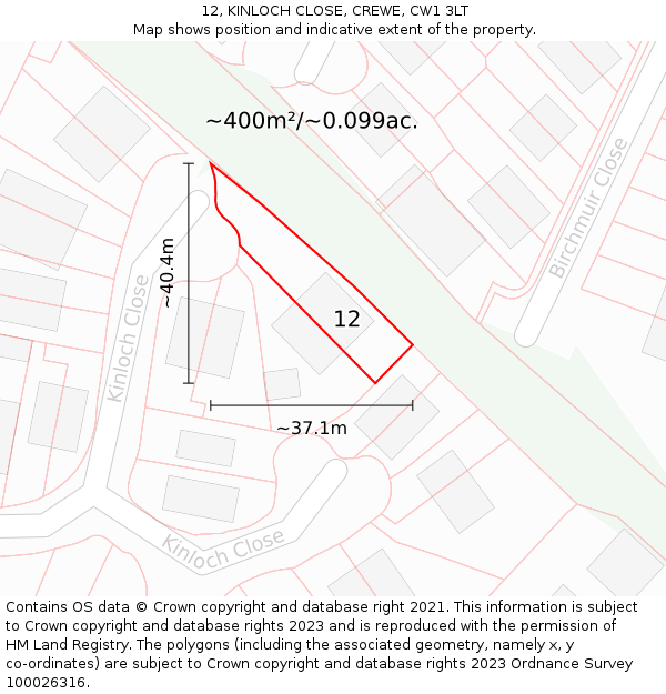 12, KINLOCH CLOSE, CREWE, CW1 3LT: Plot and title map