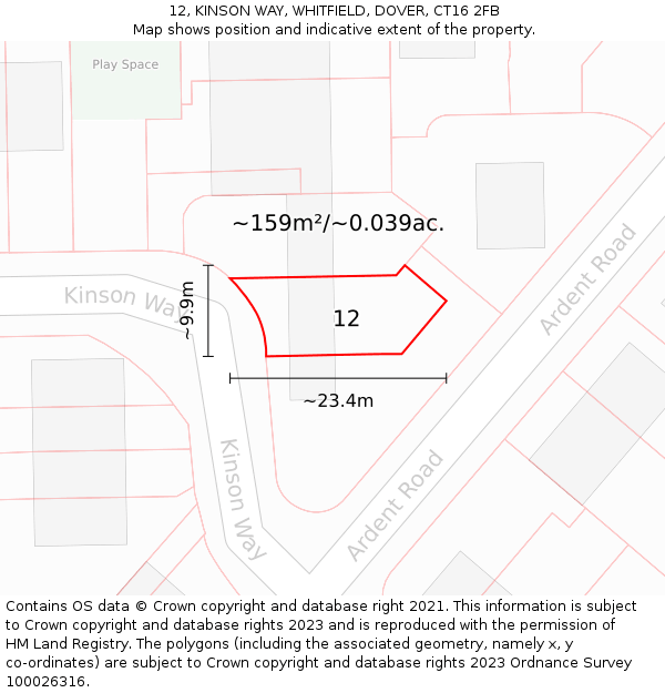 12, KINSON WAY, WHITFIELD, DOVER, CT16 2FB: Plot and title map