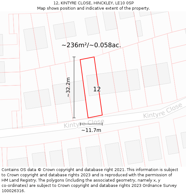 12, KINTYRE CLOSE, HINCKLEY, LE10 0SP: Plot and title map