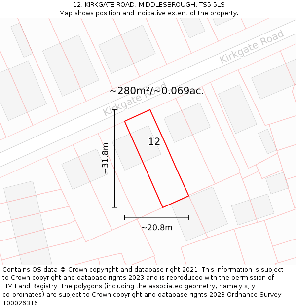 12, KIRKGATE ROAD, MIDDLESBROUGH, TS5 5LS: Plot and title map