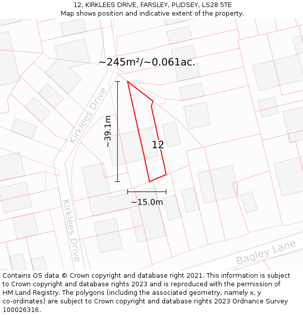 12, KIRKLEES DRIVE, FARSLEY, PUDSEY, LS28 5TE: Plot and title map