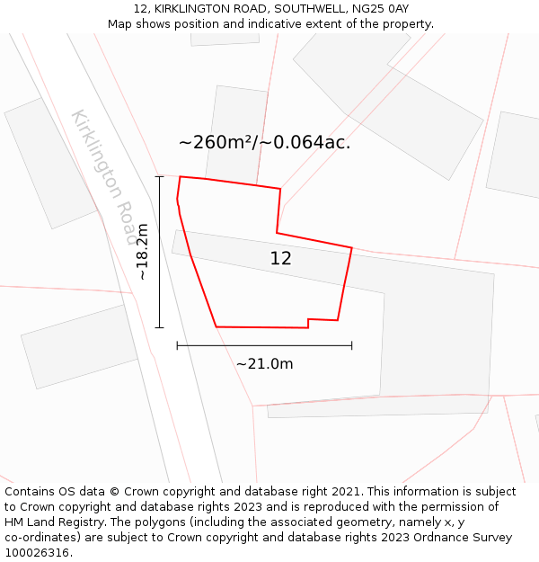 12, KIRKLINGTON ROAD, SOUTHWELL, NG25 0AY: Plot and title map