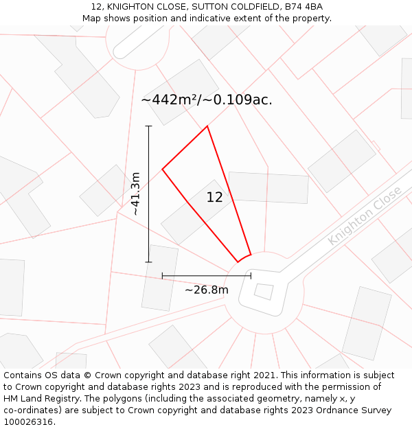 12, KNIGHTON CLOSE, SUTTON COLDFIELD, B74 4BA: Plot and title map