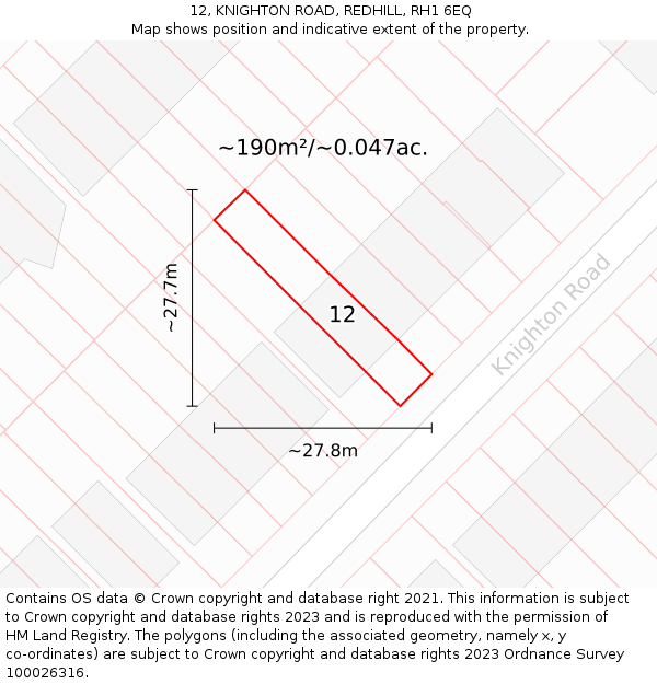 12, KNIGHTON ROAD, REDHILL, RH1 6EQ: Plot and title map