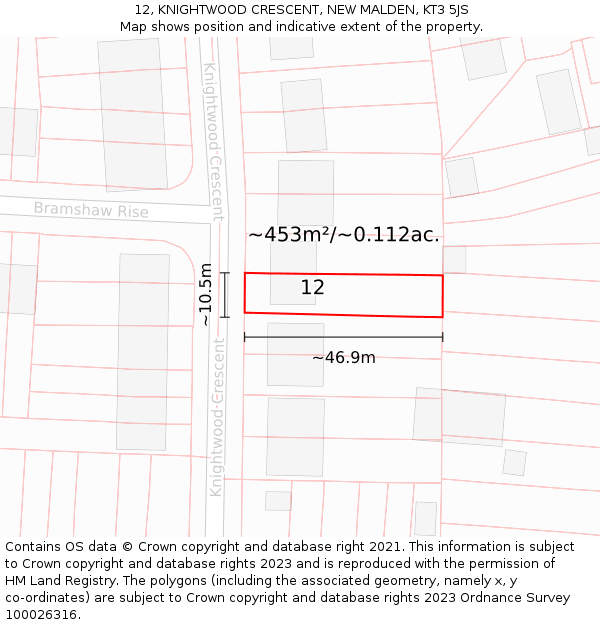 12, KNIGHTWOOD CRESCENT, NEW MALDEN, KT3 5JS: Plot and title map