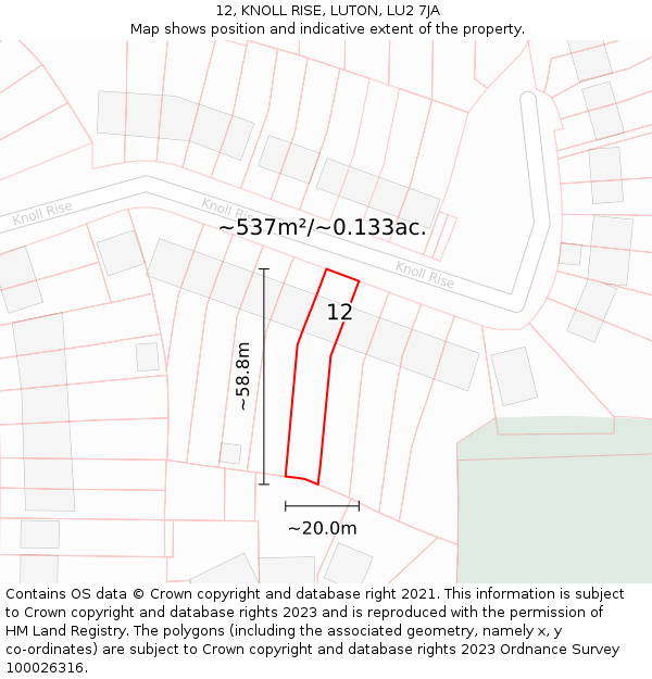 12, KNOLL RISE, LUTON, LU2 7JA: Plot and title map