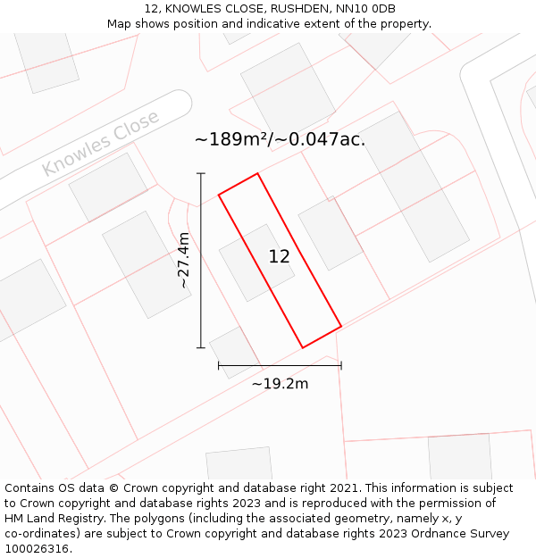 12, KNOWLES CLOSE, RUSHDEN, NN10 0DB: Plot and title map