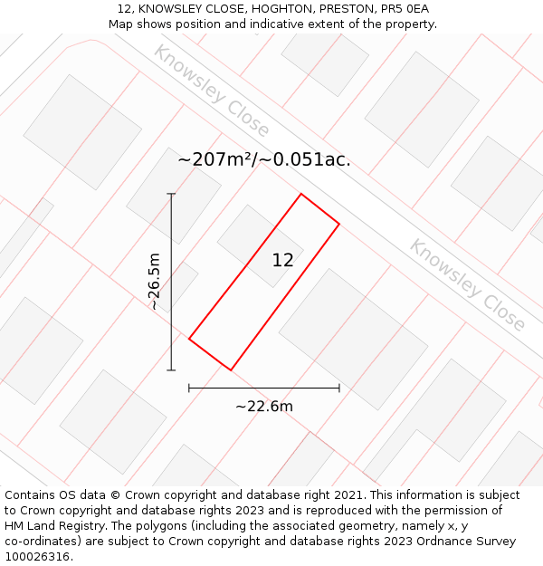 12, KNOWSLEY CLOSE, HOGHTON, PRESTON, PR5 0EA: Plot and title map