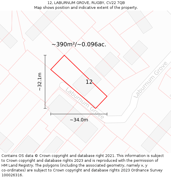12, LABURNUM GROVE, RUGBY, CV22 7QB: Plot and title map