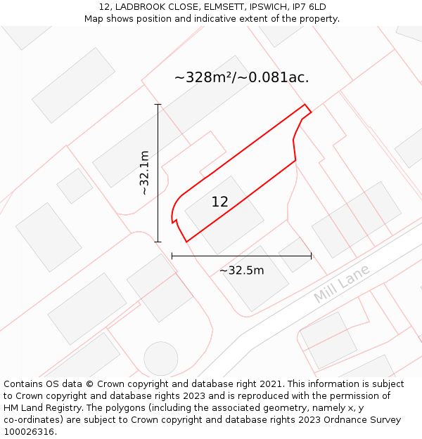 12, LADBROOK CLOSE, ELMSETT, IPSWICH, IP7 6LD: Plot and title map