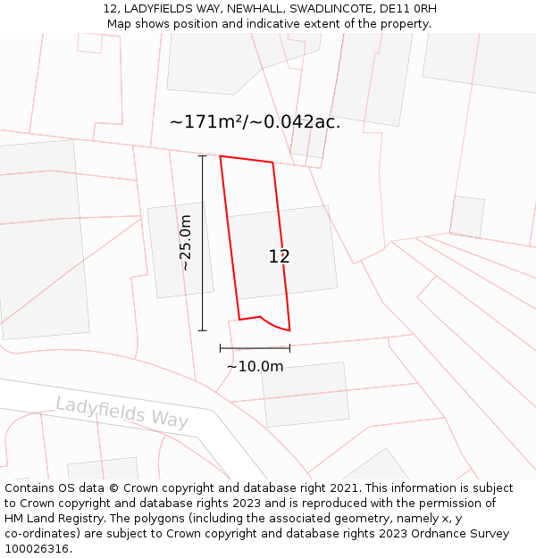 12, LADYFIELDS WAY, NEWHALL, SWADLINCOTE, DE11 0RH: Plot and title map