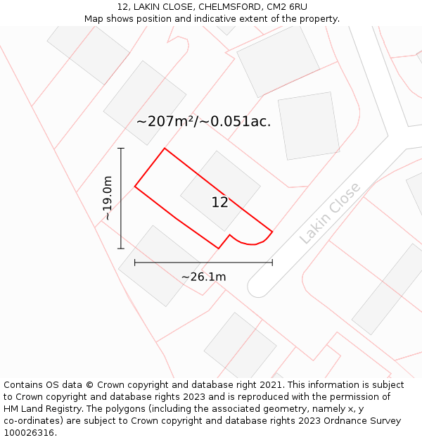 12, LAKIN CLOSE, CHELMSFORD, CM2 6RU: Plot and title map