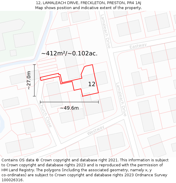 12, LAMALEACH DRIVE, FRECKLETON, PRESTON, PR4 1AJ: Plot and title map