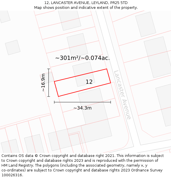 12, LANCASTER AVENUE, LEYLAND, PR25 5TD: Plot and title map