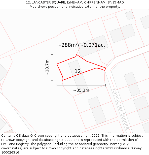12, LANCASTER SQUARE, LYNEHAM, CHIPPENHAM, SN15 4AD: Plot and title map