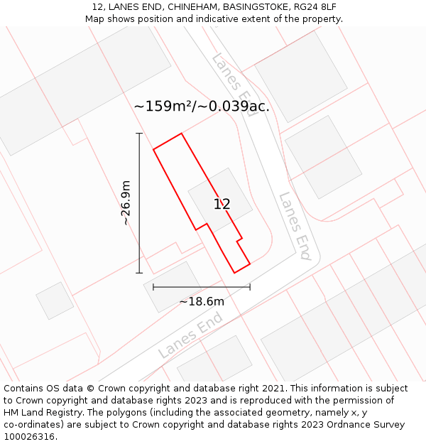 12, LANES END, CHINEHAM, BASINGSTOKE, RG24 8LF: Plot and title map