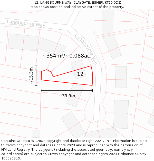 12, LANGBOURNE WAY, CLAYGATE, ESHER, KT10 0DZ: Plot and title map