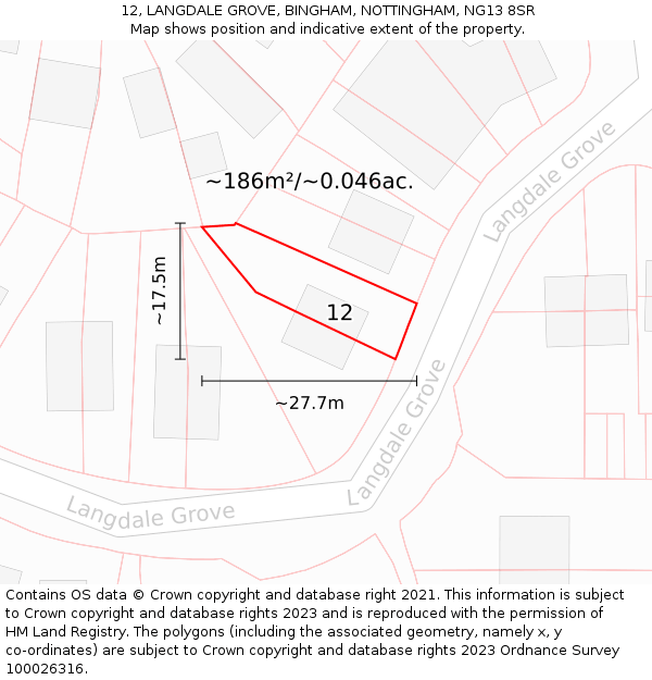 12, LANGDALE GROVE, BINGHAM, NOTTINGHAM, NG13 8SR: Plot and title map