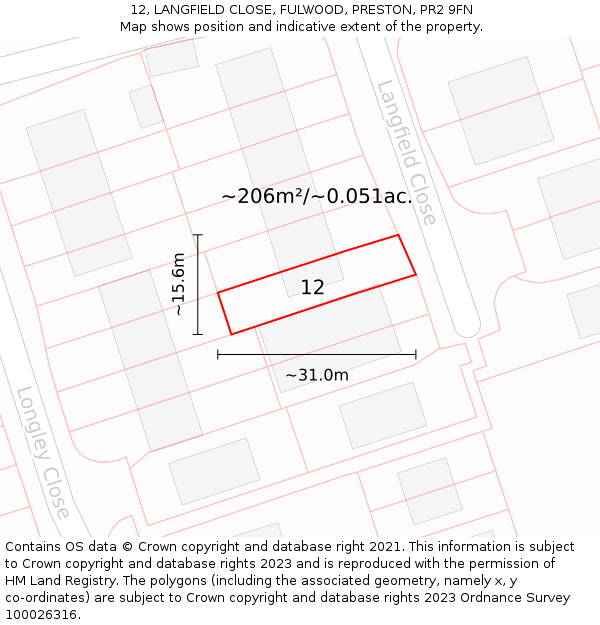 12, LANGFIELD CLOSE, FULWOOD, PRESTON, PR2 9FN: Plot and title map