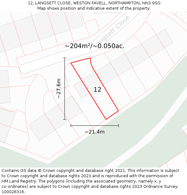 12, LANGSETT CLOSE, WESTON FAVELL, NORTHAMPTON, NN3 9SG: Plot and title map