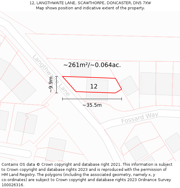 12, LANGTHWAITE LANE, SCAWTHORPE, DONCASTER, DN5 7XW: Plot and title map