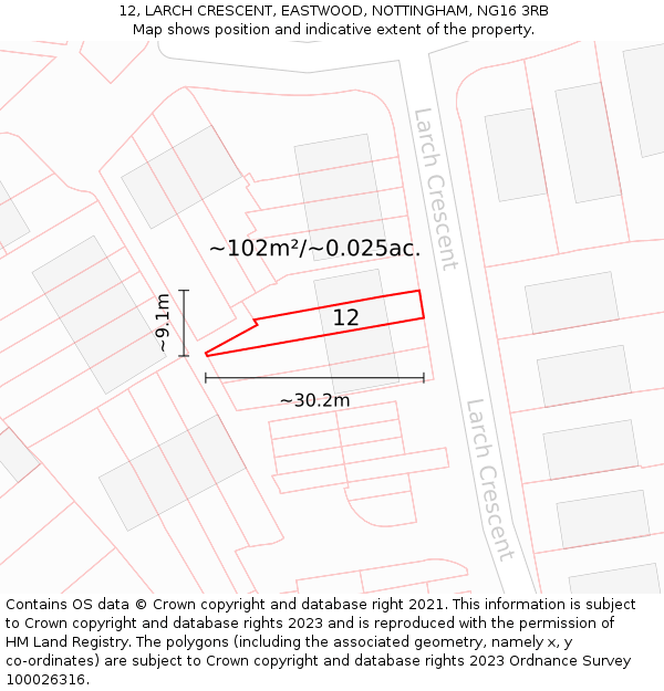 12, LARCH CRESCENT, EASTWOOD, NOTTINGHAM, NG16 3RB: Plot and title map