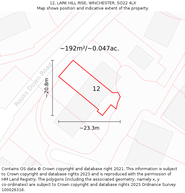 12, LARK HILL RISE, WINCHESTER, SO22 4LX: Plot and title map