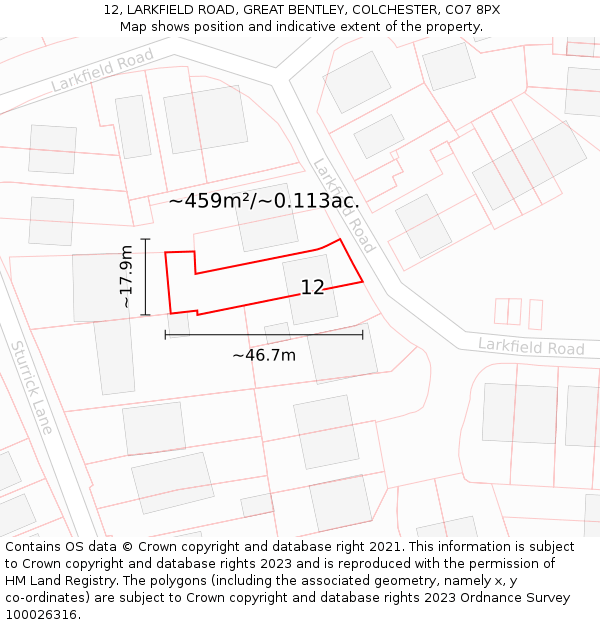 12, LARKFIELD ROAD, GREAT BENTLEY, COLCHESTER, CO7 8PX: Plot and title map