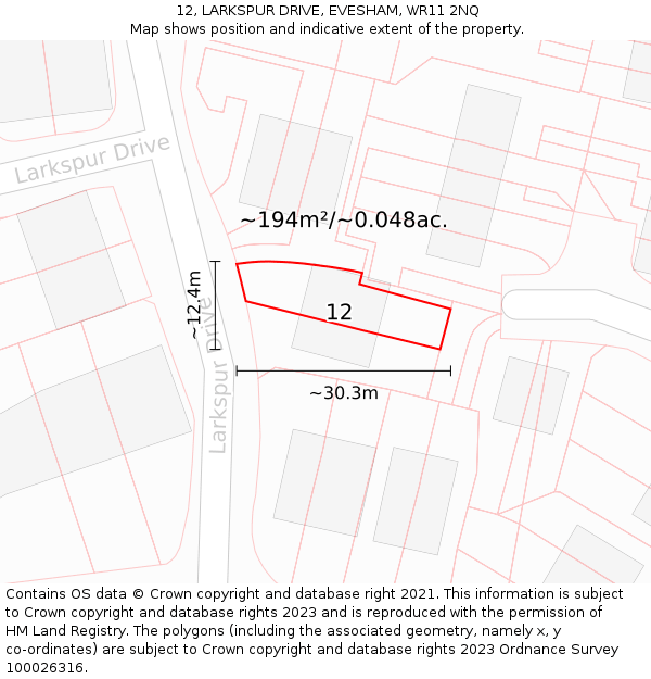 12, LARKSPUR DRIVE, EVESHAM, WR11 2NQ: Plot and title map