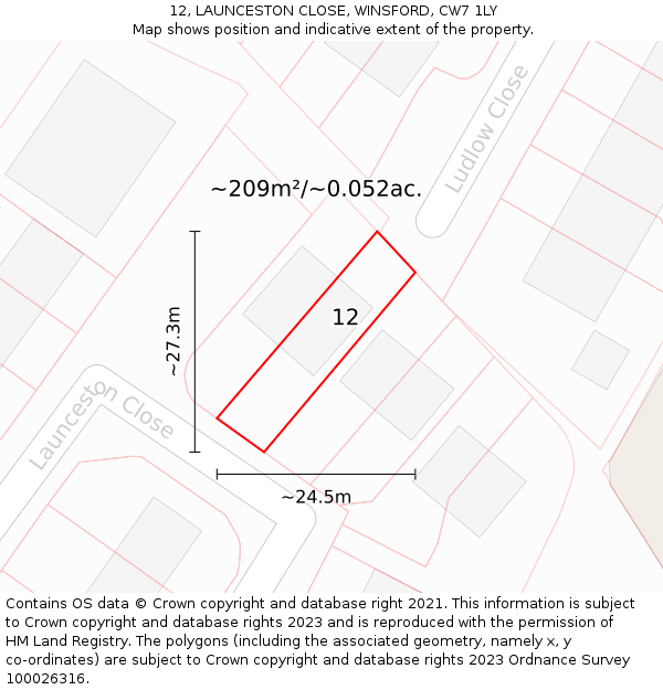 12, LAUNCESTON CLOSE, WINSFORD, CW7 1LY: Plot and title map