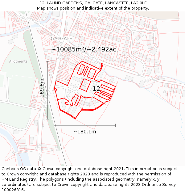 12, LAUND GARDENS, GALGATE, LANCASTER, LA2 0LE: Plot and title map