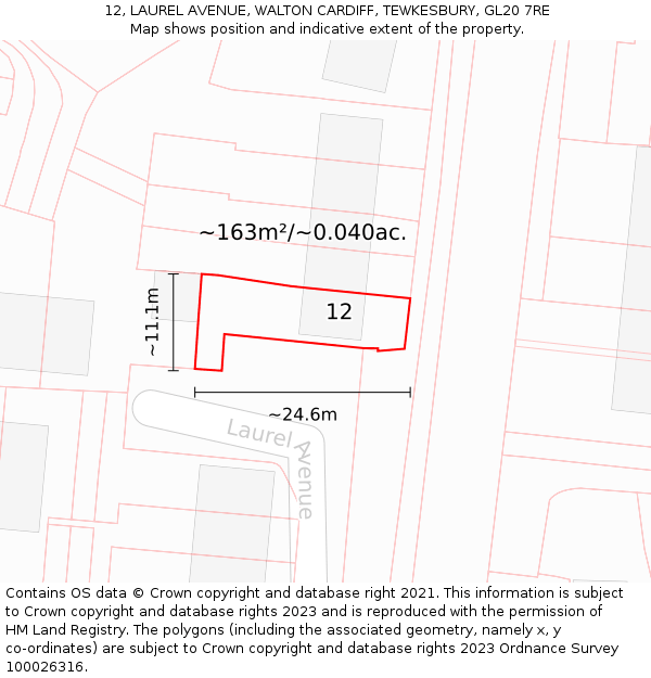 12, LAUREL AVENUE, WALTON CARDIFF, TEWKESBURY, GL20 7RE: Plot and title map