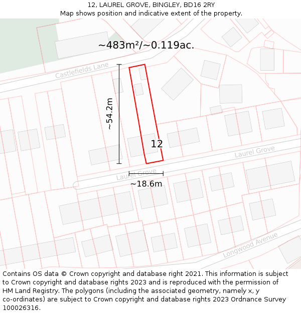 12, LAUREL GROVE, BINGLEY, BD16 2RY: Plot and title map