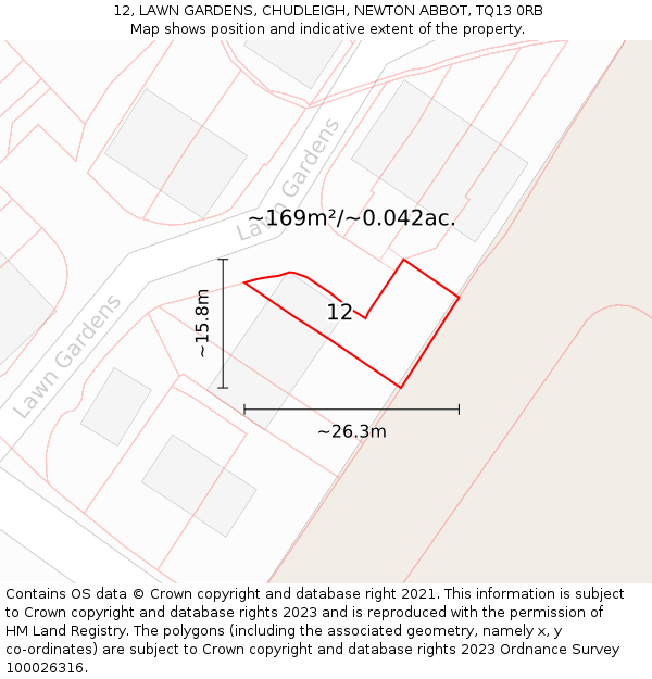 12, LAWN GARDENS, CHUDLEIGH, NEWTON ABBOT, TQ13 0RB: Plot and title map