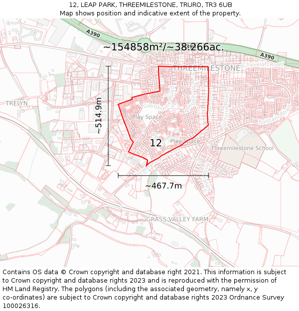 12, LEAP PARK, THREEMILESTONE, TRURO, TR3 6UB: Plot and title map