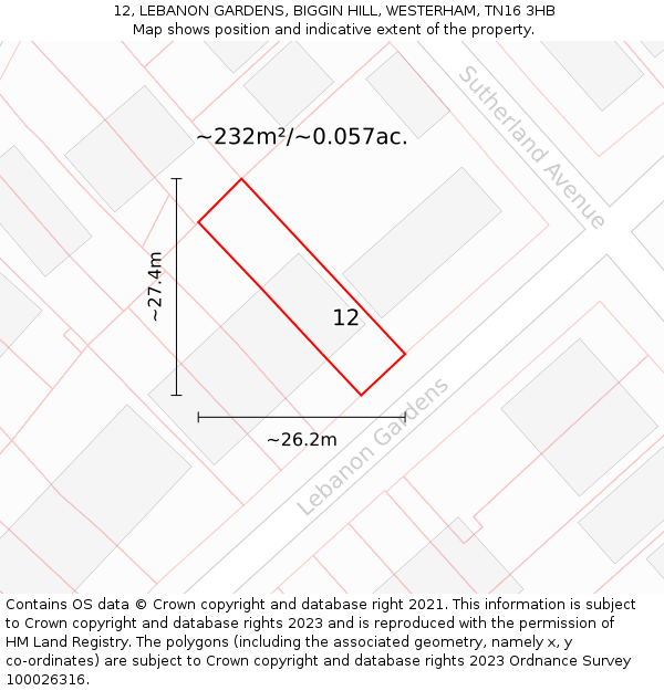 12, LEBANON GARDENS, BIGGIN HILL, WESTERHAM, TN16 3HB: Plot and title map