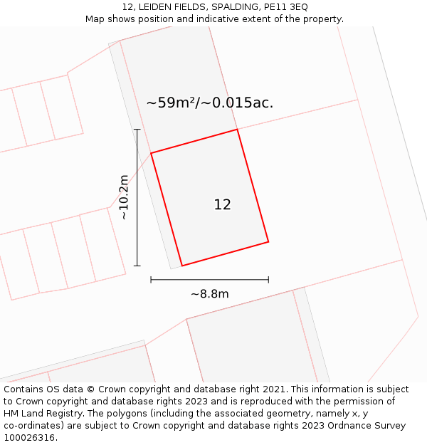 12, LEIDEN FIELDS, SPALDING, PE11 3EQ: Plot and title map
