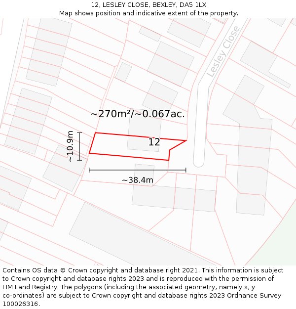 12, LESLEY CLOSE, BEXLEY, DA5 1LX: Plot and title map