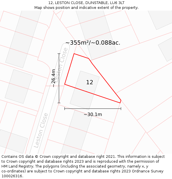 12, LESTON CLOSE, DUNSTABLE, LU6 3LT: Plot and title map