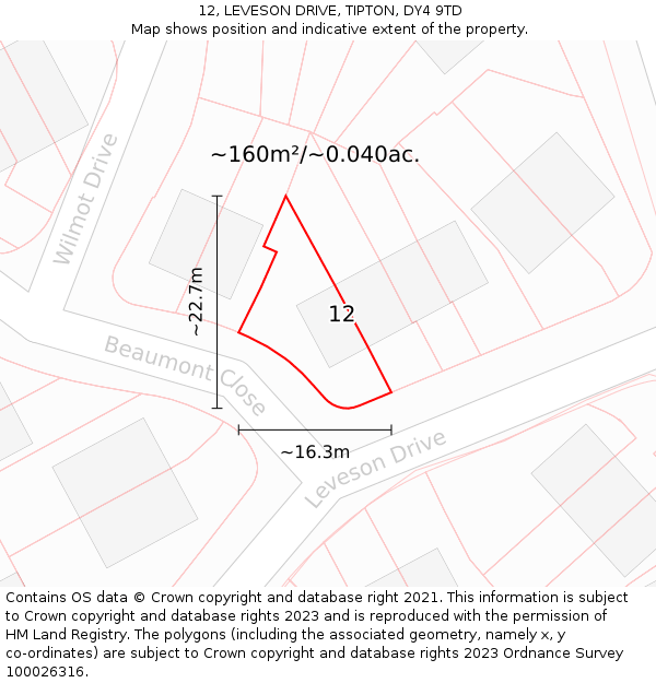 12, LEVESON DRIVE, TIPTON, DY4 9TD: Plot and title map