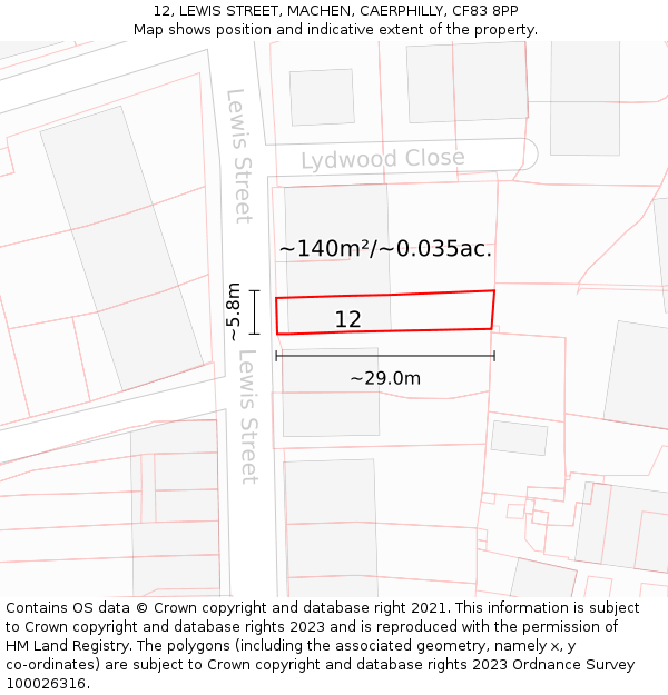 12, LEWIS STREET, MACHEN, CAERPHILLY, CF83 8PP: Plot and title map
