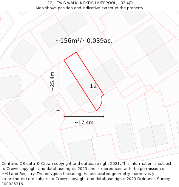 12, LEWIS WALK, KIRKBY, LIVERPOOL, L33 4JD: Plot and title map