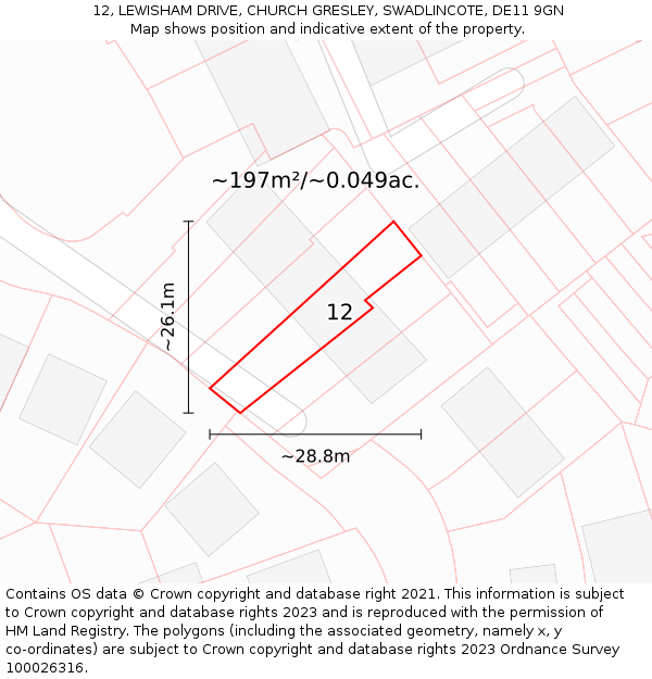 12, LEWISHAM DRIVE, CHURCH GRESLEY, SWADLINCOTE, DE11 9GN: Plot and title map