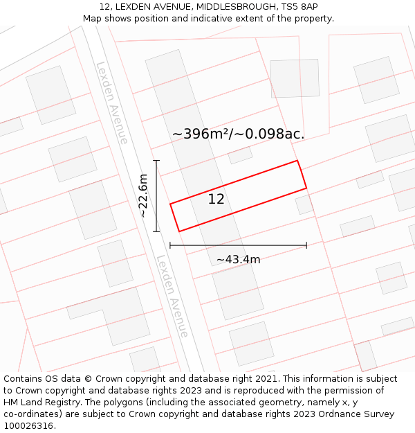 12, LEXDEN AVENUE, MIDDLESBROUGH, TS5 8AP: Plot and title map