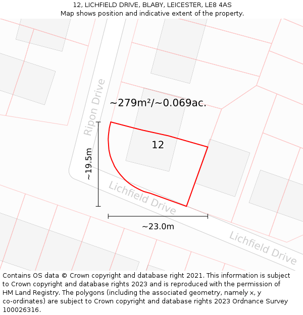 12, LICHFIELD DRIVE, BLABY, LEICESTER, LE8 4AS: Plot and title map