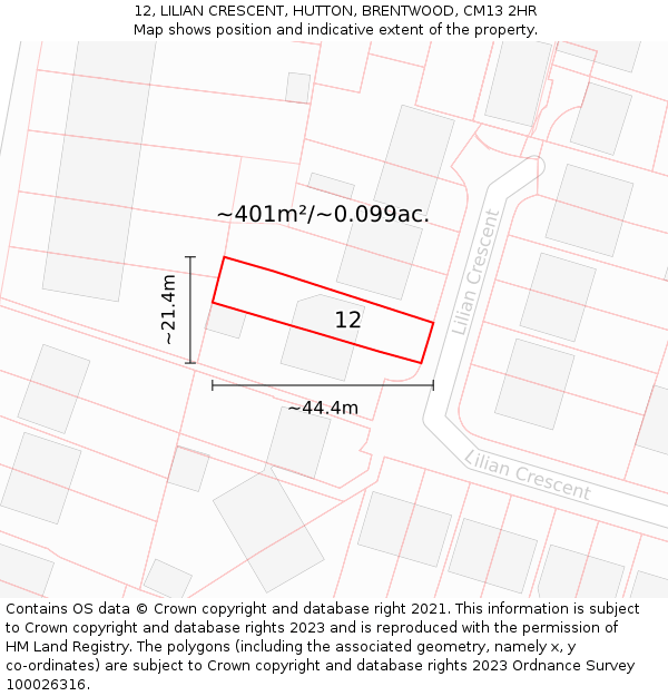 12, LILIAN CRESCENT, HUTTON, BRENTWOOD, CM13 2HR: Plot and title map