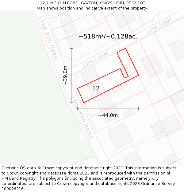 12, LIME KILN ROAD, GAYTON, KING'S LYNN, PE32 1QT: Plot and title map