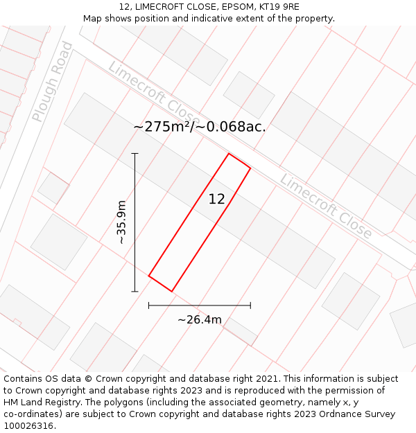 12, LIMECROFT CLOSE, EPSOM, KT19 9RE: Plot and title map